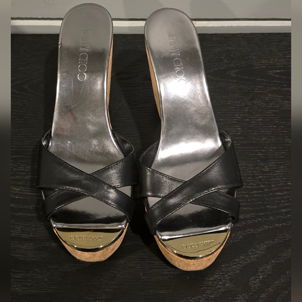 New Jimmy Choo Black/ Silver Cork Wedge 7.5 Great For The Summer